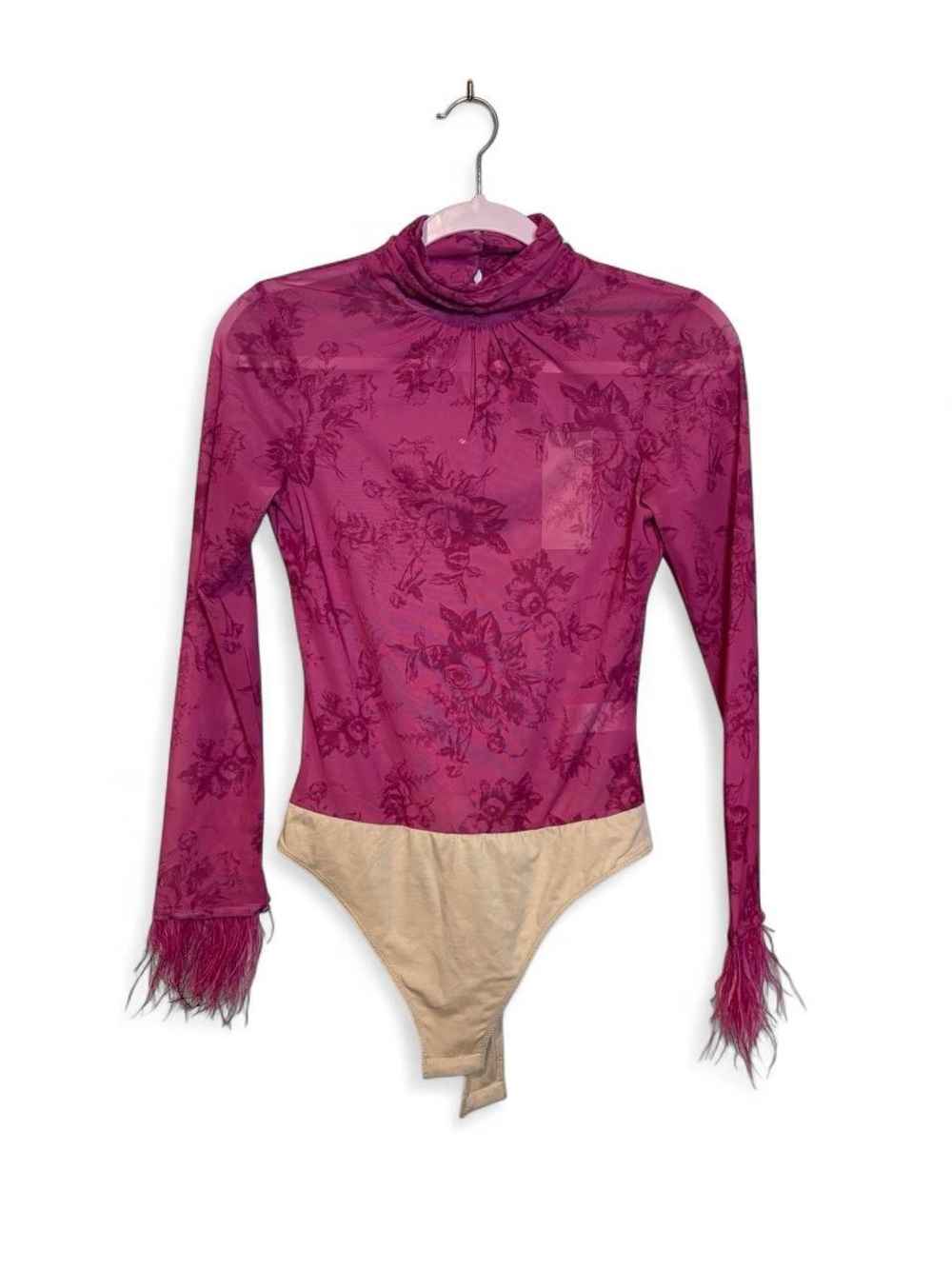NWT Wayf pink floral mesh bodysuit with fringe feather sleeves in size S